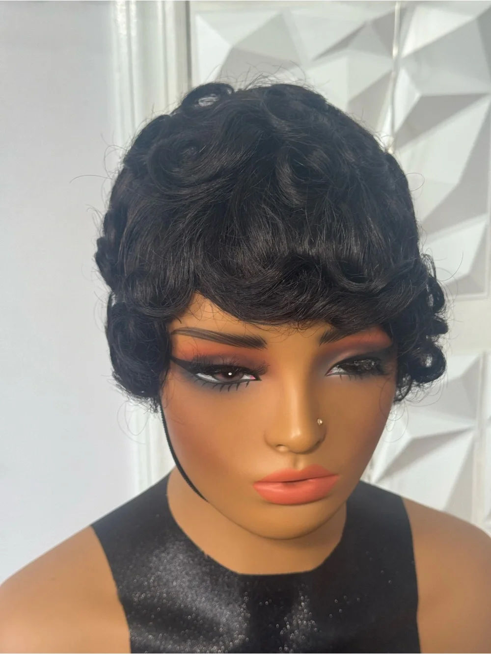 100% Human Hair Pixie Wave Wig Glueless Short Finger Wave Pin Curl Natural Black